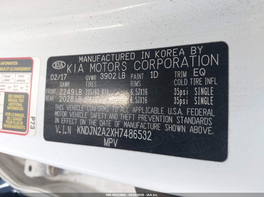 2017 Kia Soul VIN KNDJN2A2XH7486532 IAAI salvage auction — RIGHT SIDE, Salvage Title, sold $1,400 on 2026-07-24 (photo 9)
