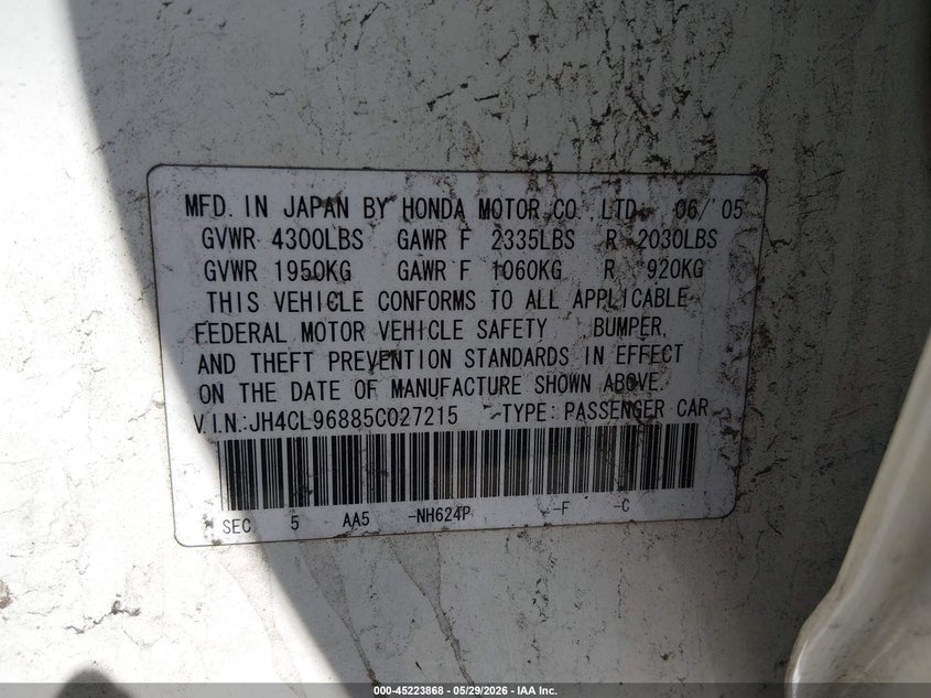 2005 Acura Tsx VIN JH4CL96885C027215 IAAI salvage auction — FRONT & REAR, Salvage (New Jersey), sold $475 on 2026-07-20 (photo 9)
