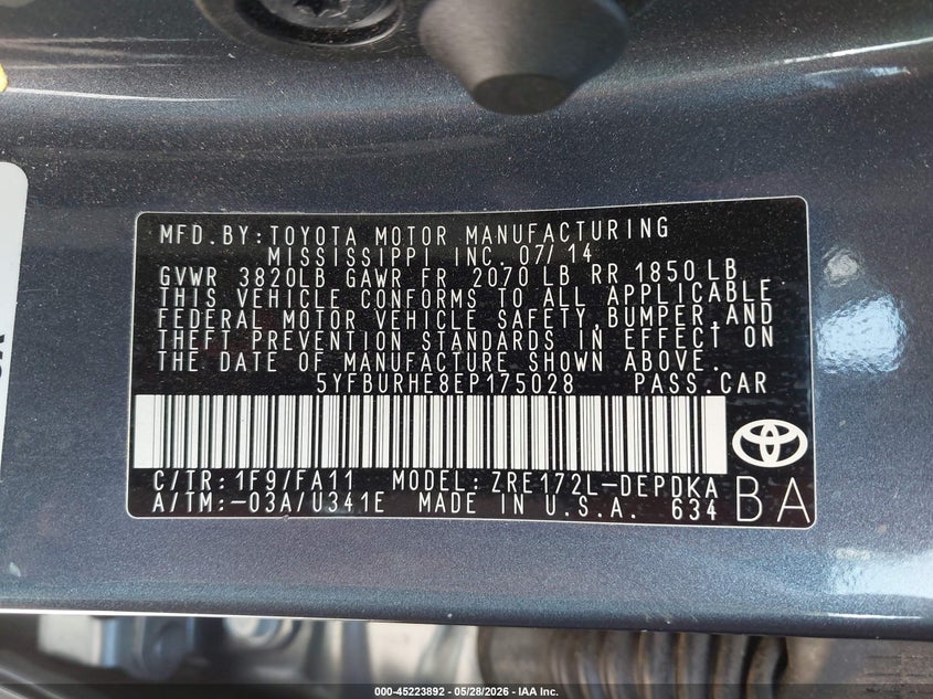 2014 Toyota Corolla VIN 5YFBURHE8EP175028 IAAI salvage auction — FRONT END, Salvage Title, sold $125 on 2026-07-28 (photo 9)