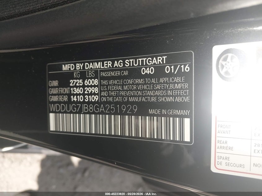 2016 Mercedes-benz VIN WDDUG7JB8GA251929 IAAI salvage auction — FRONT END, Salvage (New Jersey), sold $4,600 on 2026-07-29 (photo 9)