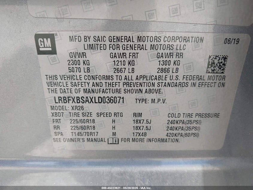 2020 Buick Envision VIN LRBFXBSAXLD036071 IAAI salvage auction — FRONT END, Salvage Title, sold $1,400 on 2026-07-23 (photo 9)
