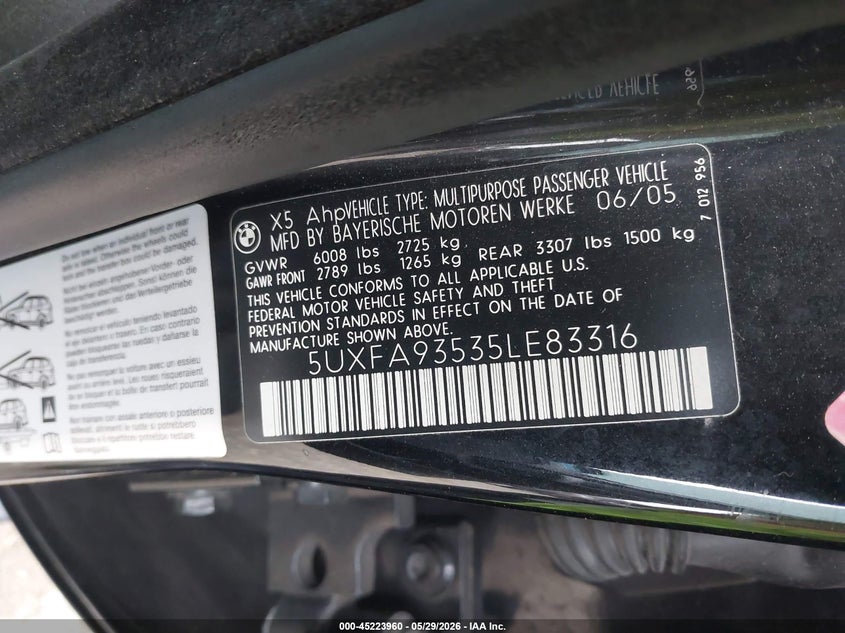 2005 BMW X5 VIN 5UXFA93535LE83316 IAAI salvage auction — REAR END, Bill Of Sale (Washington), sold $3,100 on 2026-07-15 (photo 9)