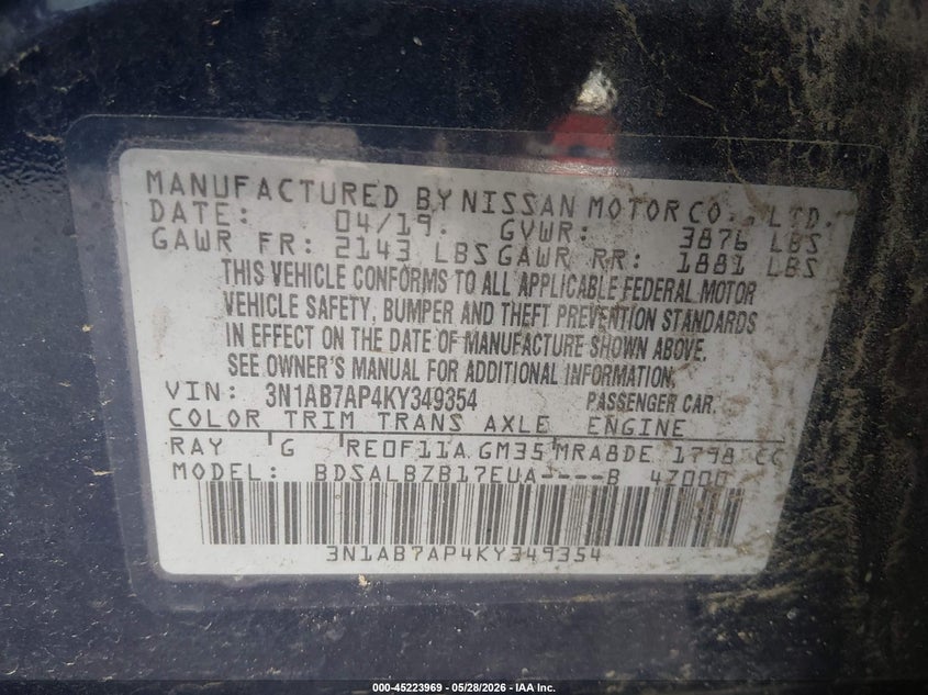2019 Nissan Sentra VIN 3N1AB7AP4KY349354 IAAI salvage auction — FRONT END, Salvage Title, sold $625 on 2026-07-23 (photo 9)