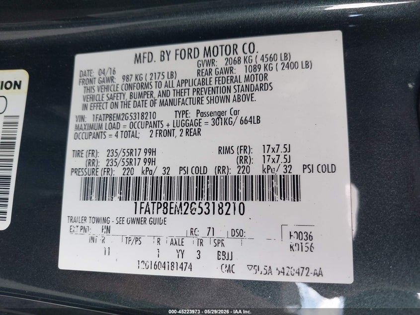 2016 Ford Mustang VIN 1FATP8EM2G5318210 IAAI salvage auction — FRONT END, Salvage Title, sold $2,050 on 2026-07-24 (photo 9)
