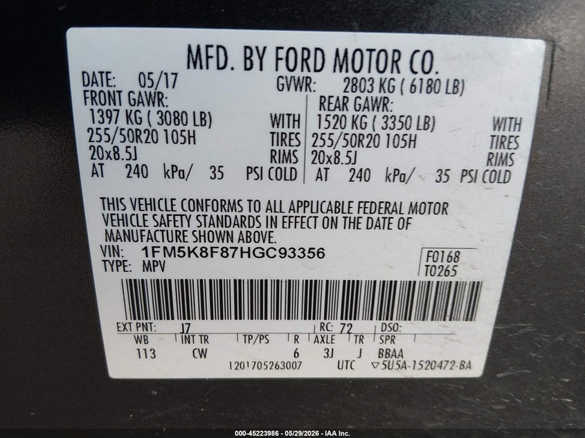 2017 Ford Explorer VIN 1FM5K8F87HGC93356 IAAI salvage auction — FRONT END, Salvage Title, sold $3,900 on 2026-07-23 (photo 9)