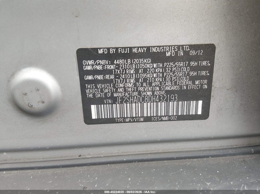 2013 Subaru Forester VIN JF2SHADC8DH432193 IAAI salvage auction — REAR END, Salvage (South Carolina), sold $550 on 2026-07-07 (photo 9)