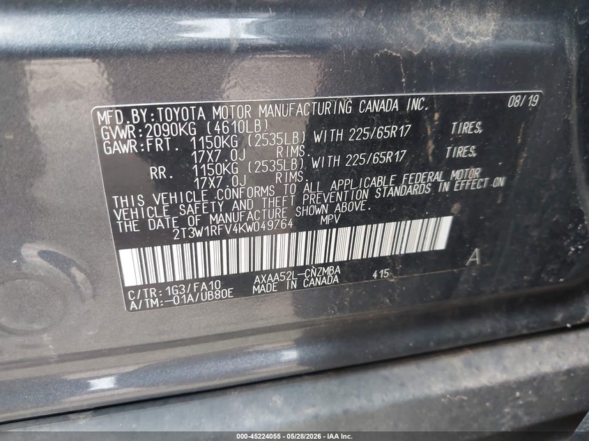 2019 Toyota Rav 4 VIN 2T3W1RFV4KW049764 IAAI salvage auction — RIGHT SIDE, Salvage Title, sold $12,125 on 2026-07-29 (photo 9)