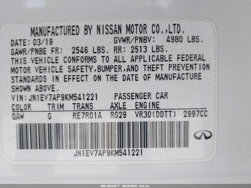 2019 Infiniti Q50 VIN JN1EV7AP9KM541221 IAAI salvage auction — FRONT END, Wait Title, sold $2,950 on 2026-08-23 (photo 9)