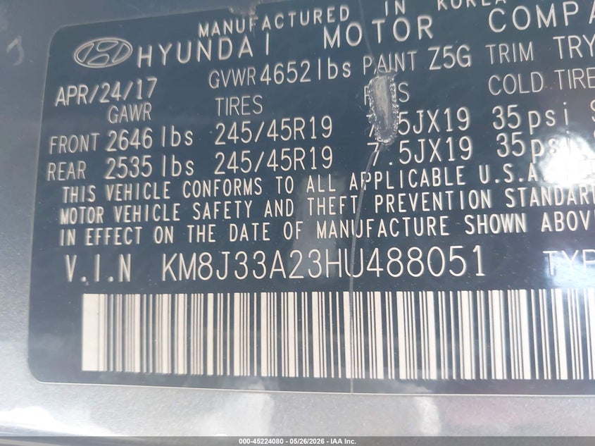 2017 Hyundai Tucson VIN KM8J33A23HU488051 IAAI salvage auction — LEFT REAR, Salvage (California), sold $2,050 on 2026-07-13 (photo 9)