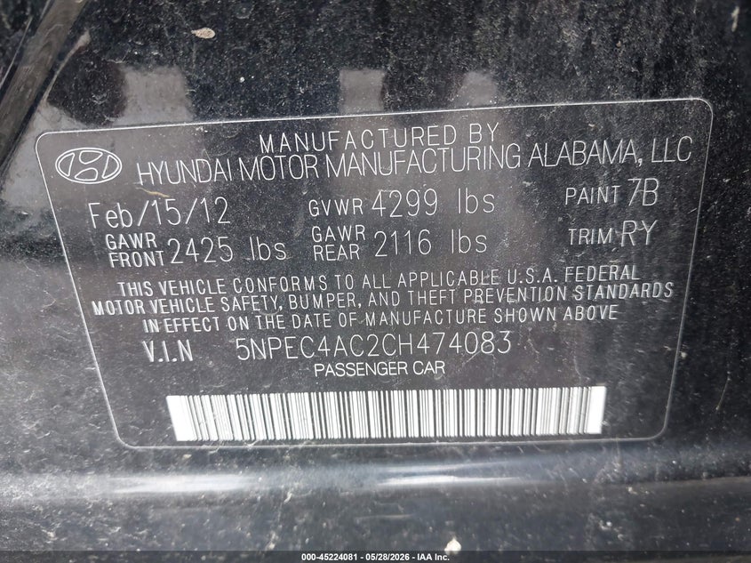 2012 Hyundai Sonata VIN 5NPEC4AC2CH474083 IAAI salvage auction — NORMAL WEAR, Salvage Title, sold $400 on 2026-07-20 (photo 9)