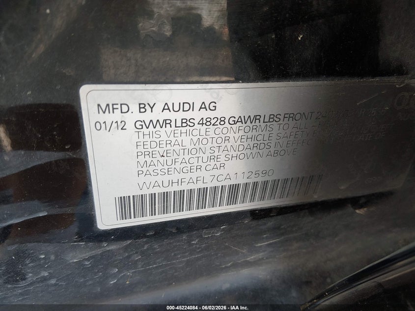 2012 Audi A4 VIN WAUHFAFL7CA112590 IAAI salvage auction — HAIL, Salvage Title, sold $2,600 on 2026-07-10 (photo 9)