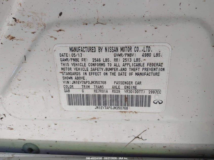 2018 Infiniti Q50 VIN JN1EV7AP0JM350768 IAAI salvage auction — LEFT SIDE, Salvage Title, sold $2,050 on 2026-07-15 (photo 9)