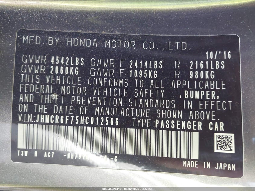 2017 Honda Accord VIN JHMCR6F75HC012566 IAAI salvage auction — NORMAL WEAR, Clear - Dealer Only (California), sold $2,550 on 2026-07-14 (photo 9)
