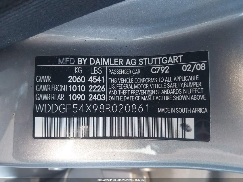 2008 Mercedes-benz C-klasse VIN WDDGF54X98R020861 IAAI salvage auction — FRONT END, Salvage Certificate (California), sold $225 on 2026-08-07 (photo 9)