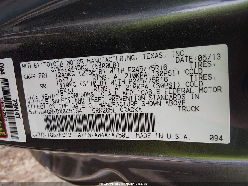 2013 Toyota Tacoma VIN 5TFTU4GNXDX045194 IAAI salvage auction — FRONT END, Salvage (Georgia), sold $3,225 on 2026-07-30 (photo 9)