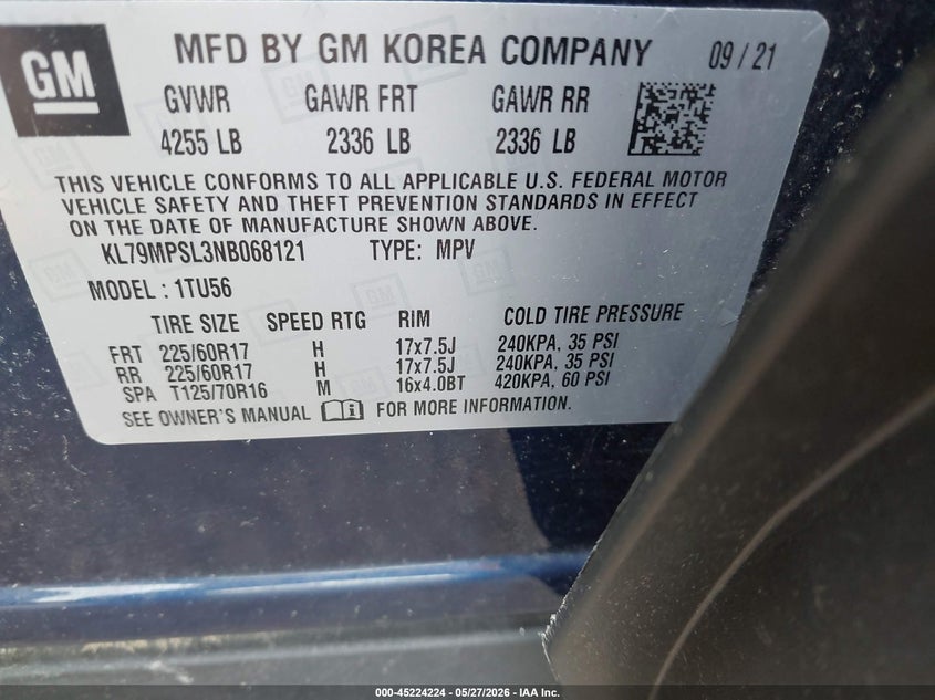 2022 Chevrolet Trailblazer VIN KL79MPSL3NB068121 IAAI salvage auction — WATER/FLOOD, Salvage (Ohio), sold $6,200 on 2026-07-06 (photo 9)