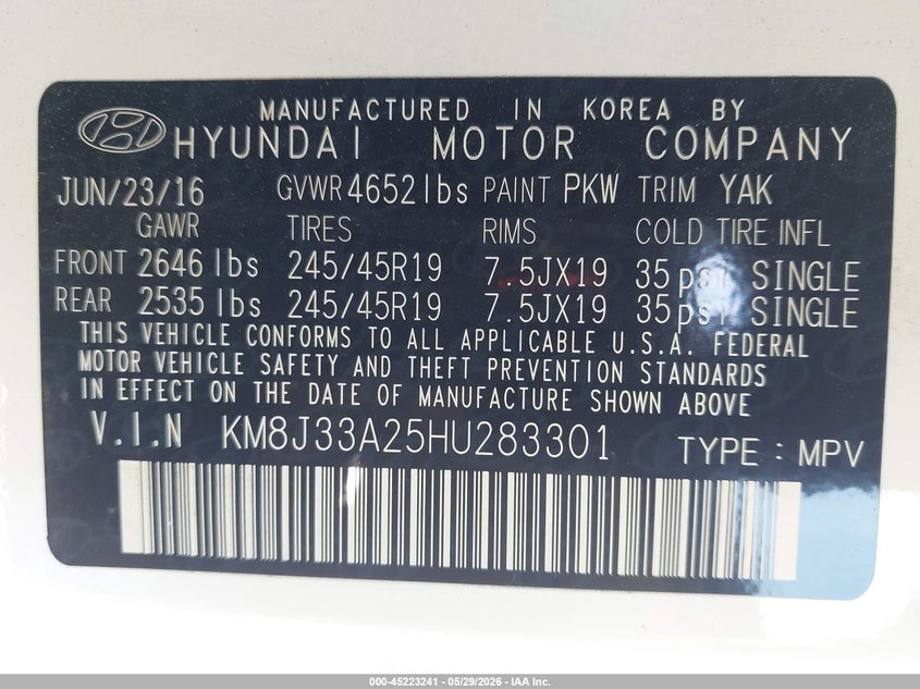 2017 Hyundai Tucson VIN KM8J33A25HU283301 IAAI salvage auction — ENGINE DAMAGE, Clear-Dealer Only (North Carolina), sold $2,100 on 2026-07-21 (photo 9)
