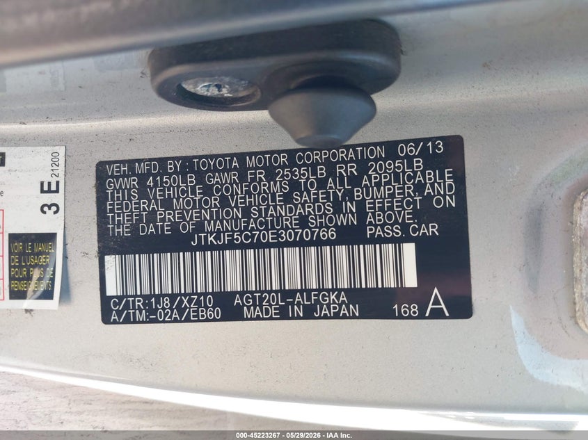 2014 Scion Tc VIN JTKJF5C70E3070766 IAAI salvage auction — FRONT & REAR, Salvage Title, sold $250 on 2026-08-29 (photo 9)
