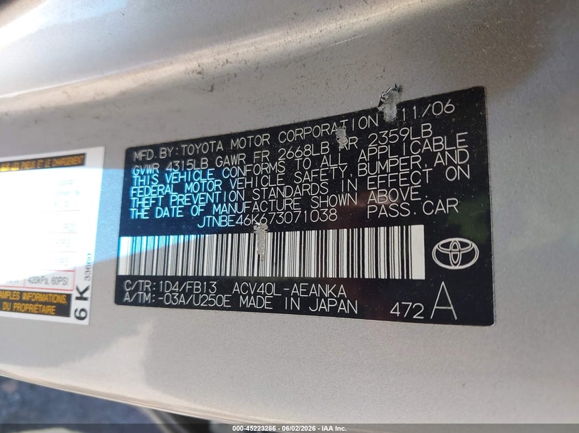 2007 Toyota Camry VIN JTNBE46K673071038 IAAI salvage auction — RIGHT FRONT, Clear (Massachusetts), sold $625 on 2026-07-07 (photo 9)