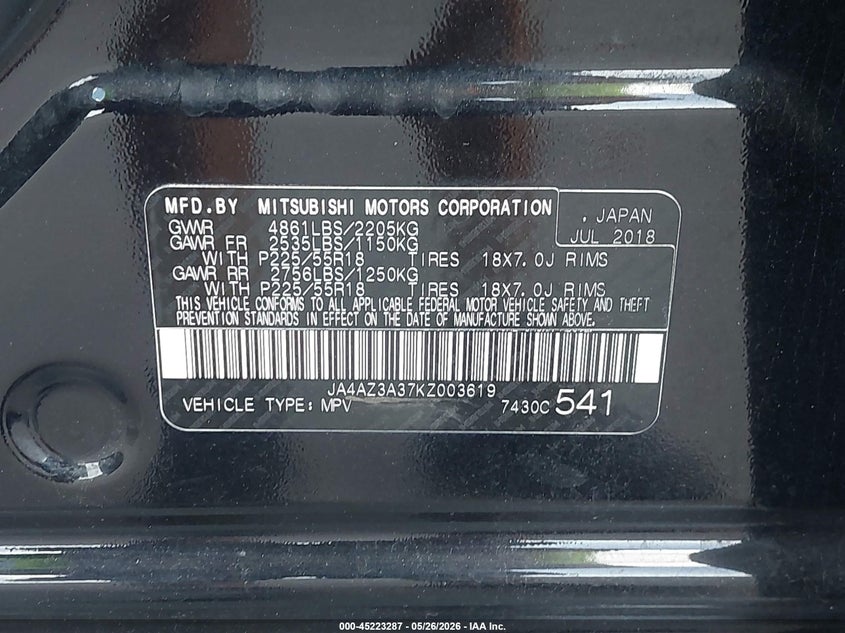 2019 Mitsubishi Outlander VIN JA4AZ3A37KZ003619 IAAI salvage auction — NORMAL WEAR, Salvage Title, sold $2,000 on 2026-07-20 (photo 9)