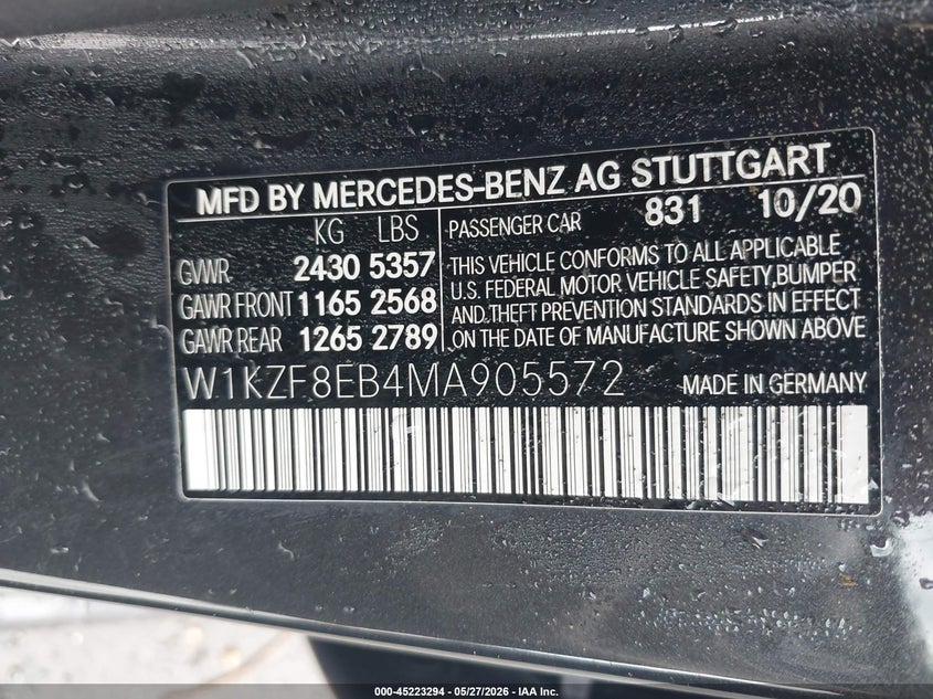 2021 Mercedes-benz VIN W1KZF8EB4MA905572 IAAI salvage auction — RIGHT FRONT, Salvage Title, sold $6,400 on 2026-07-14 (photo 9)