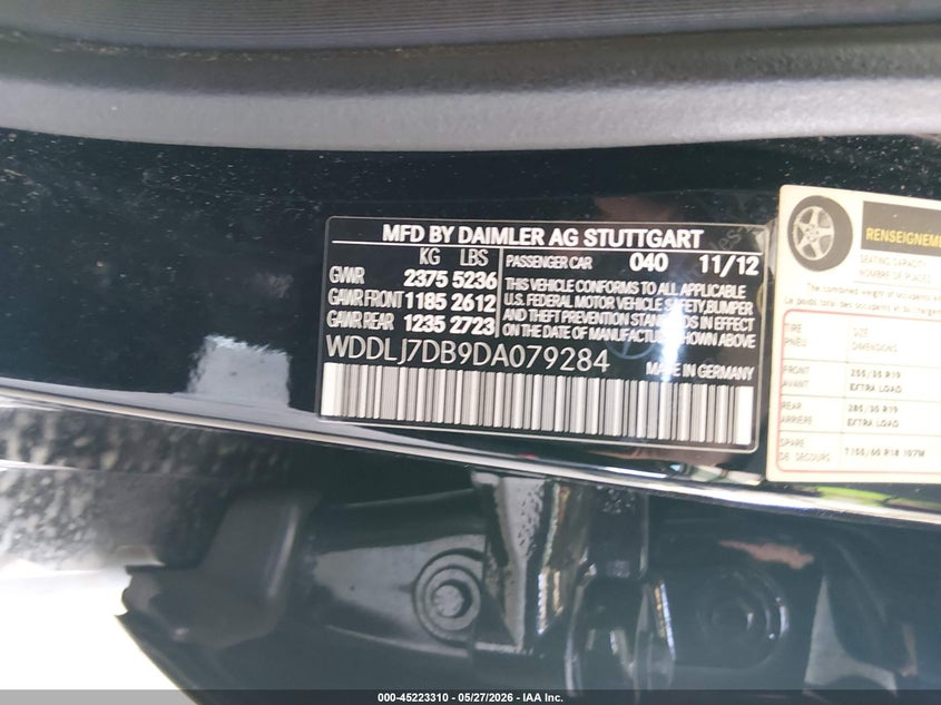 2013 Mercedes-benz Cls-klasse VIN WDDLJ7DB9DA079284 IAAI salvage auction — FRONT END, Salvage Title, sold $9,900 on 2026-07-29 (photo 9)