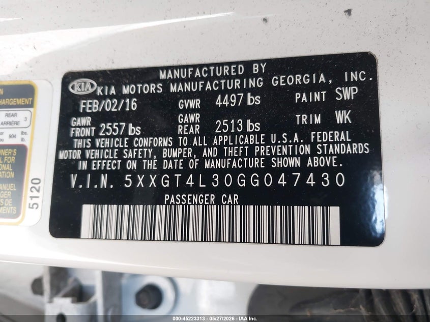 2016 Kia Optima VIN 5XXGT4L30GG047430 IAAI salvage auction — REAR END, Salvage (California), sold $2,300 on 2026-08-02 (photo 9)