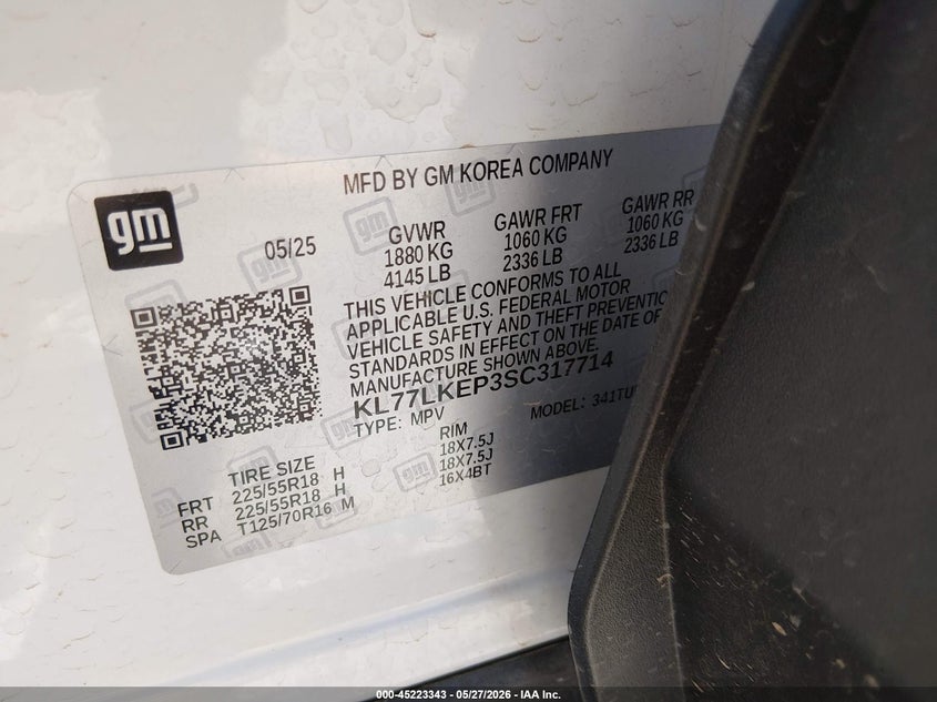 2025 Chevrolet Trax VIN KL77LKEP3SC317714 IAAI salvage auction — ROLLOVER, Salvage Title, sold $4,950 on 2026-07-09 (photo 9)