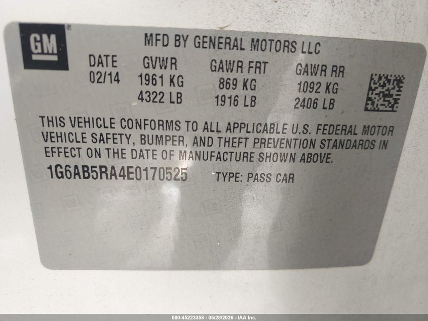 2014 Cadillac Ats VIN 1G6AB5RA4E0170525 IAAI salvage auction — FRONT END, Salvage Title, sold $975 on 2026-07-20 (photo 9)