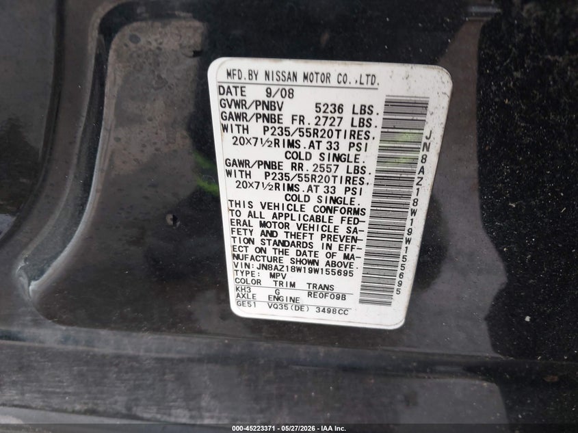 2009 Nissan Murano VIN JN8AZ18W19W155695 IAAI salvage auction — FRONT & REAR, Salvage - Greater Than 75% (Maryland), sold $425 on 2026-07-16 (photo 9)