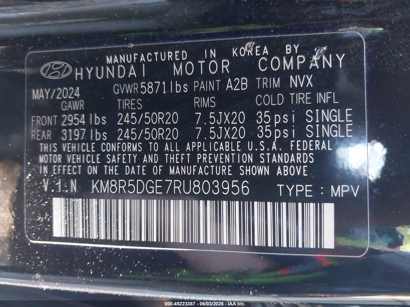 2024 Hyundai Palisade VIN KM8R5DGE7RU803956 IAAI salvage auction — FRONT END, Salvage Title, sold $14,150 on 2026-07-29 (photo 9)
