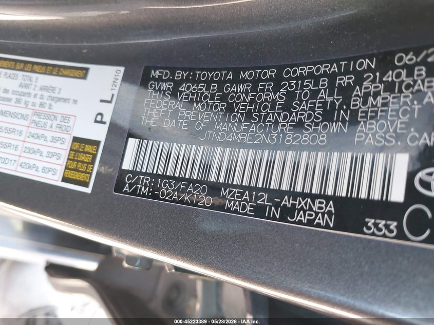 2022 Toyota Corolla VIN JTND4MBE2N3182808 IAAI salvage auction — ALL OVER, Salvage Title, sold $275 on 2026-07-23 (photo 9)