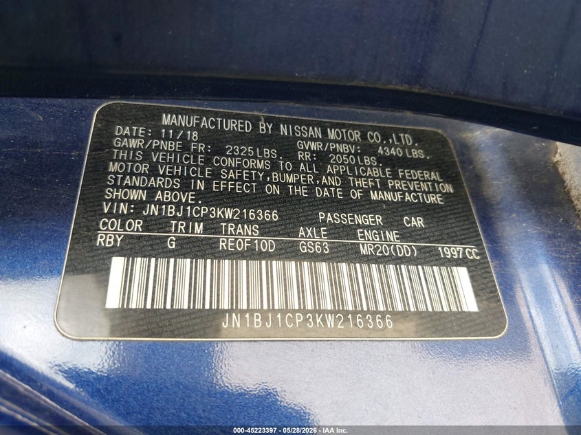 2019 Nissan Rogue VIN JN1BJ1CP3KW216366 IAAI salvage auction — FRONT END, Salvage Title, sold $1,500 on 2026-07-22 (photo 9)