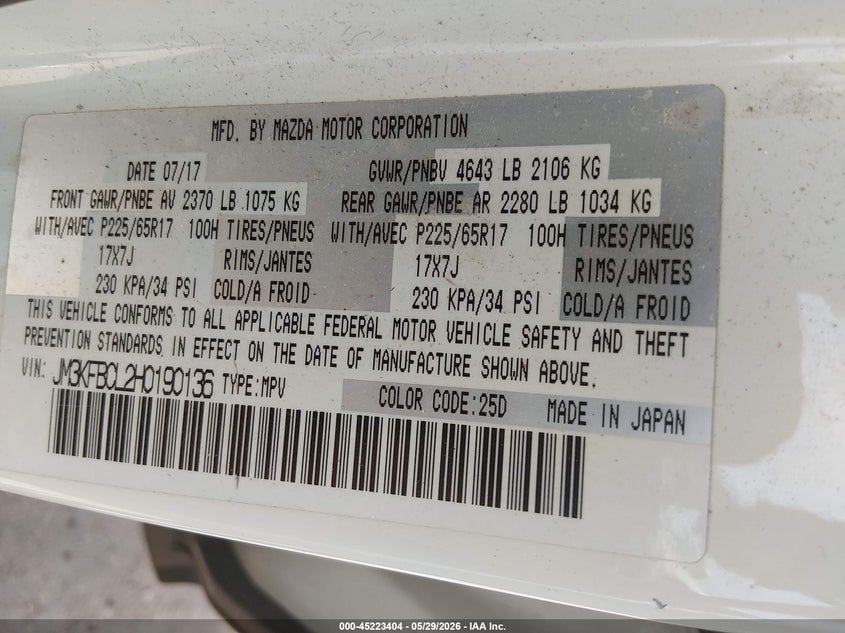 2017 Mazda Cx-5 VIN JM3KFBCL2H0190136 IAAI salvage auction — HAIL, Salvage Title, sold $3,200 on 2026-07-11 (photo 9)