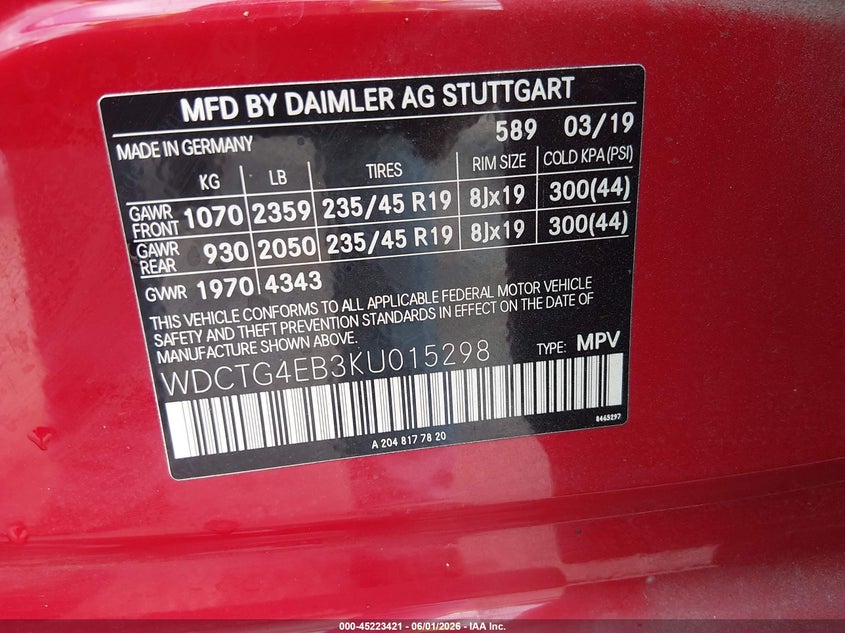 2019 Mercedes-benz Gla-klasse VIN WDCTG4EB3KU015298 IAAI salvage auction — RIGHT FRONT, Salvage Title, sold $1,000 on 2026-07-15 (photo 9)
