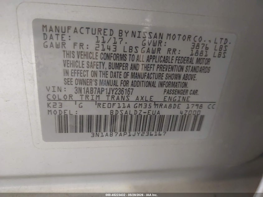 2018 Nissan Sentra VIN 3N1AB7AP1JY236167 IAAI salvage auction — FRONT END, Salvage Title, sold $675 on 2026-07-22 (photo 9)