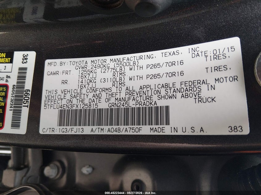 2015 Toyota Tacoma VIN 5TFLU4EN3FX125815 IAAI salvage auction — FRONT END, Salvage Title, sold $3,800 on 2026-07-22 (photo 9)
