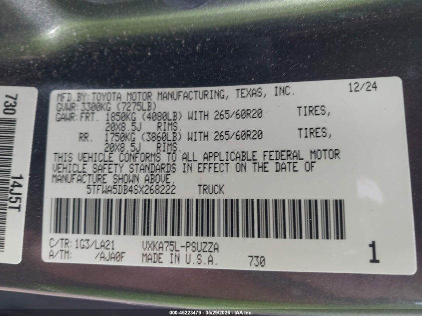 2025 Toyota Tundra VIN 5TFWA5DB4SX268222 IAAI salvage auction — FRONT END, Salvage Title, sold $26,000 on 2026-07-13 (photo 9)
