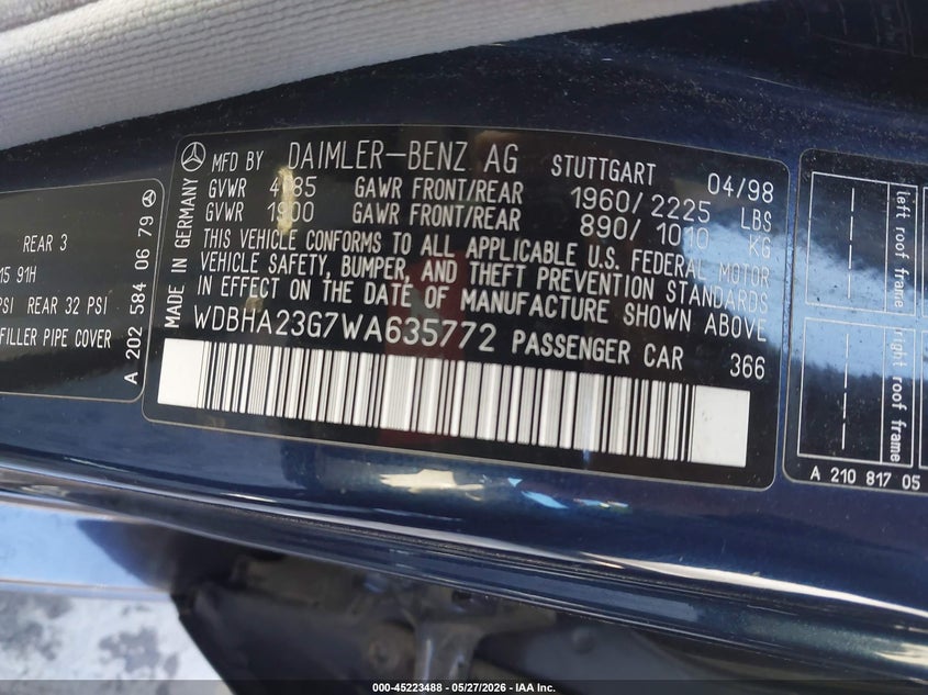 1998 Mercedes-benz C-klasse VIN WDBHA23G7WA635772 IAAI salvage auction — FRONT END, Salvage (California), sold $150 on 2026-07-30 (photo 9)