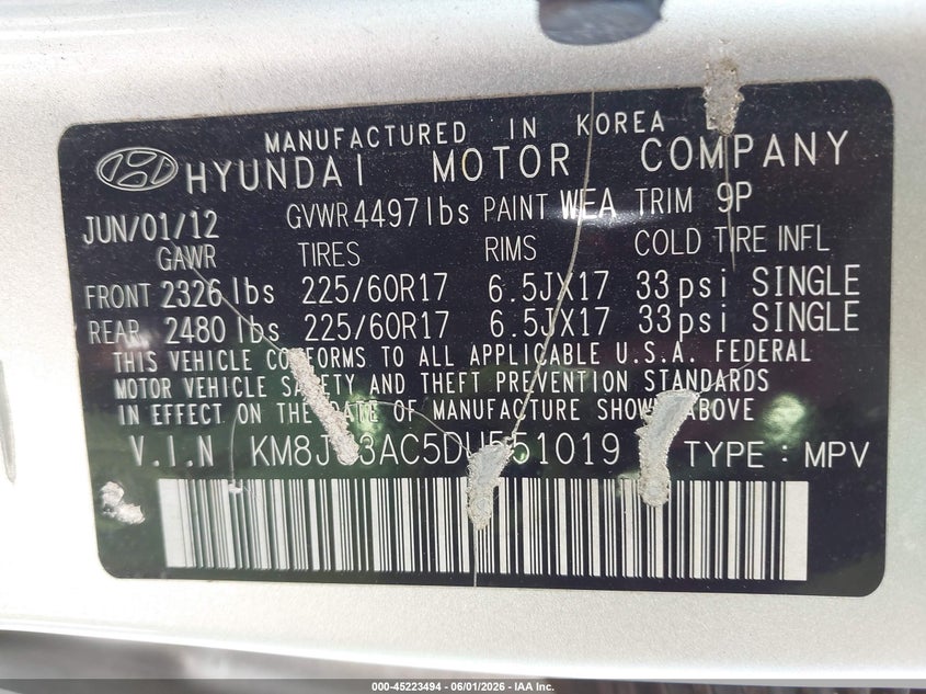 2013 Hyundai Tucson VIN KM8JU3AC5DU551019 IAAI salvage auction — NORMAL WEAR, Clear-Dealer Only (Georgia), sold $1,200 on 2026-07-14 (photo 9)