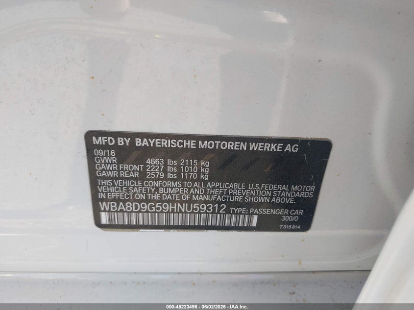 2017 BMW 3er VIN WBA8D9G59HNU59312 IAAI salvage auction — RIGHT REAR, Salvage (Idaho), sold $3,050 on 2026-08-04 (photo 9)