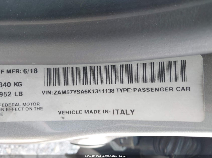 2019 Maserati Ghibli VIN ZAM57YSA6K1311138 IAAI salvage auction — SIDE, Salvage Title, sold $4,000 on 2026-07-29 (photo 9)