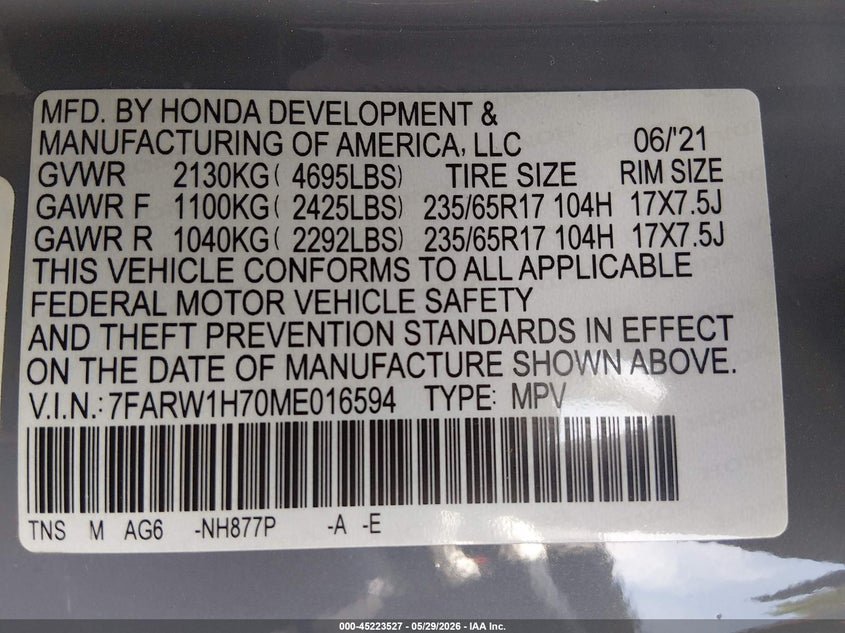2021 Honda Cr-v VIN 7FARW1H70ME016594 IAAI salvage auction — LEFT SIDE, Original (Texas), sold $8,550 on 2026-07-21 (photo 9)