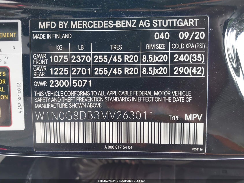 2021 Mercedes-benz Glc VIN W1N0G8DB3MV263011 IAAI salvage auction — LEFT FRONT, Salvage (California), sold $11,900 on 2026-07-29 (photo 9)