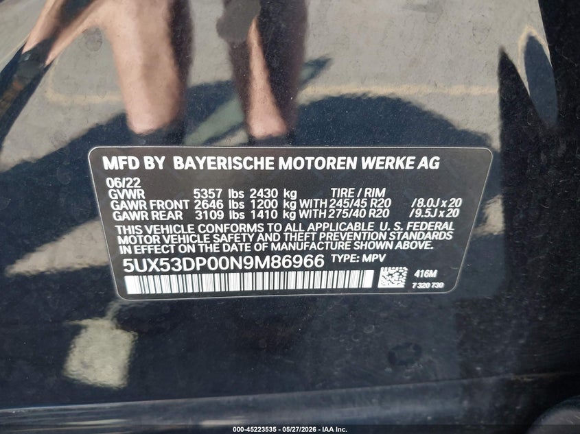 2022 BMW X3 VIN 5UX53DP00N9M86966 IAAI salvage auction — REAR END, Salvage Title, sold $20,500 on 2026-07-31 (photo 9)