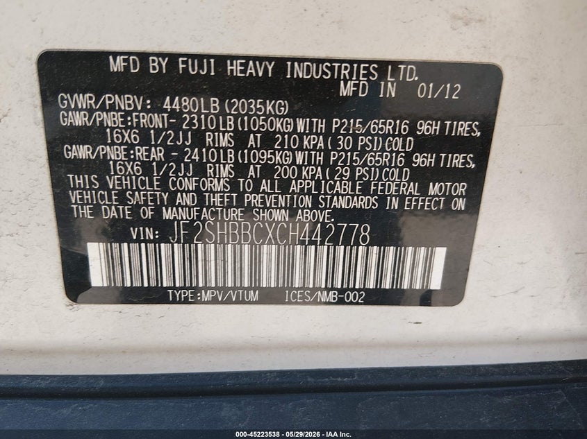 2012 Subaru Forester VIN JF2SHBBCXCH442778 IAAI salvage auction — FRONT END, Salvage Title, sold $1,550 on 2026-07-15 (photo 9)