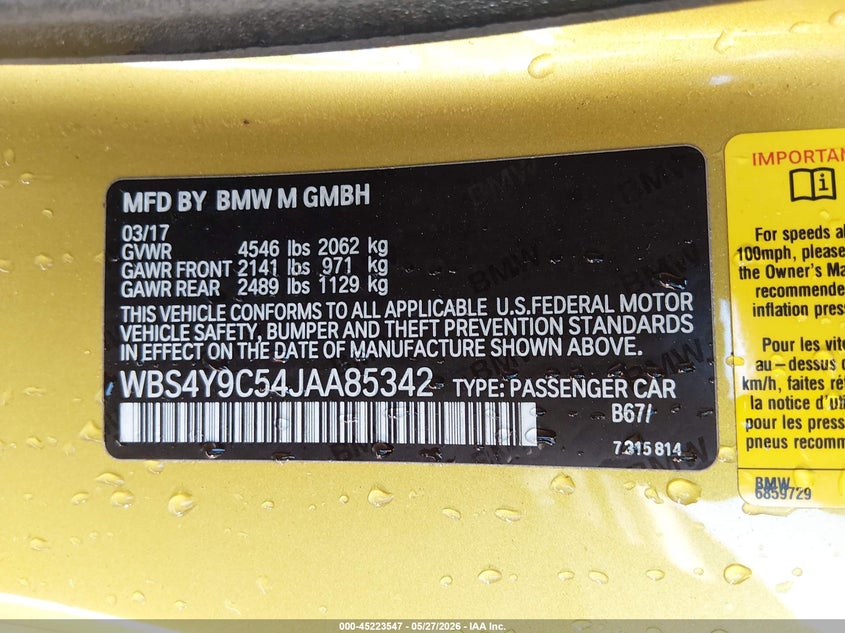2018 BMW M4 VIN WBS4Y9C54JAA85342 IAAI salvage auction — FRONT END, Wait Title, sold $15,300 on 2026-08-21 (photo 9)