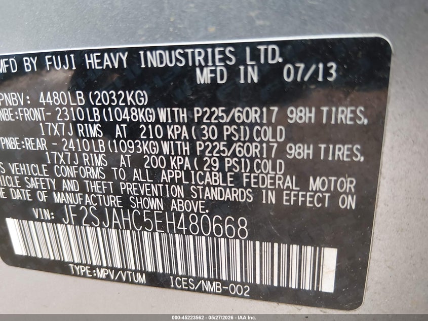 2014 Subaru Forester VIN JF2SJAHC5EH480668 IAAI salvage auction — FRONT END, Salvage (North Carolina), sold $750 on 2026-07-13 (photo 9)