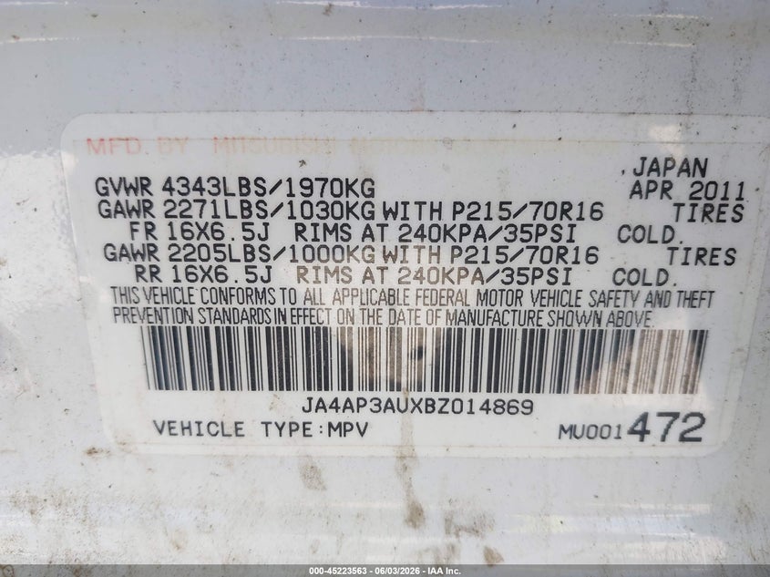 2011 Mitsubishi Outlander sport VIN JA4AP3AUXBZ014869 IAAI salvage auction — NORMAL WEAR, Original (Maine), sold $575 on 2026-07-06 (photo 9)