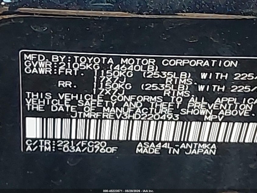 2017 Toyota Rav 4 VIN JTMRFREV3HD220493 IAAI salvage auction — FRONT END, Salvage Title, sold $5,175 on 2026-07-21 (photo 9)